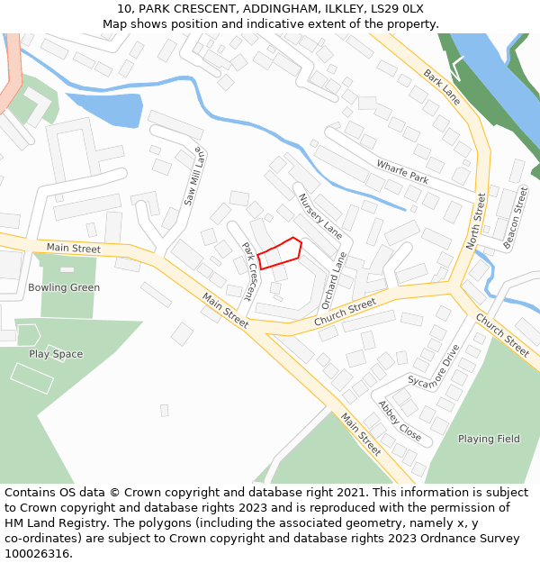 10, PARK CRESCENT, ADDINGHAM, ILKLEY, LS29 0LX: Location map and indicative extent of plot