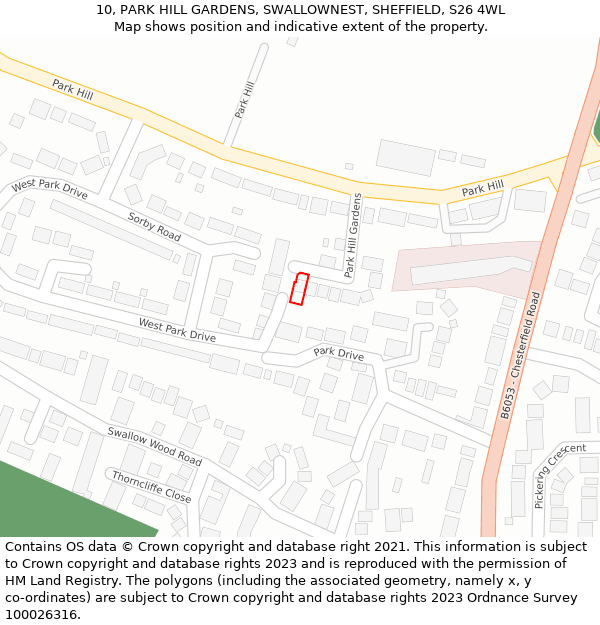 10, PARK HILL GARDENS, SWALLOWNEST, SHEFFIELD, S26 4WL: Location map and indicative extent of plot