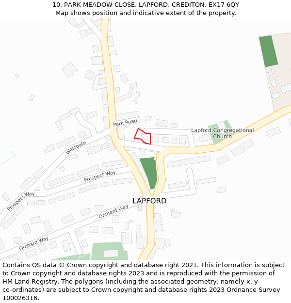 10, PARK MEADOW CLOSE, LAPFORD, CREDITON, EX17 6QY: Location map and indicative extent of plot