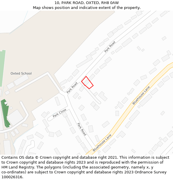 10, PARK ROAD, OXTED, RH8 0AW: Location map and indicative extent of plot