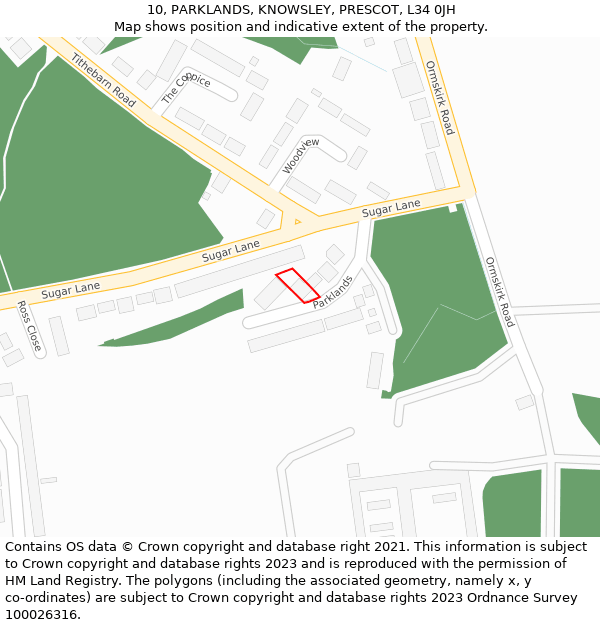 10, PARKLANDS, KNOWSLEY, PRESCOT, L34 0JH: Location map and indicative extent of plot