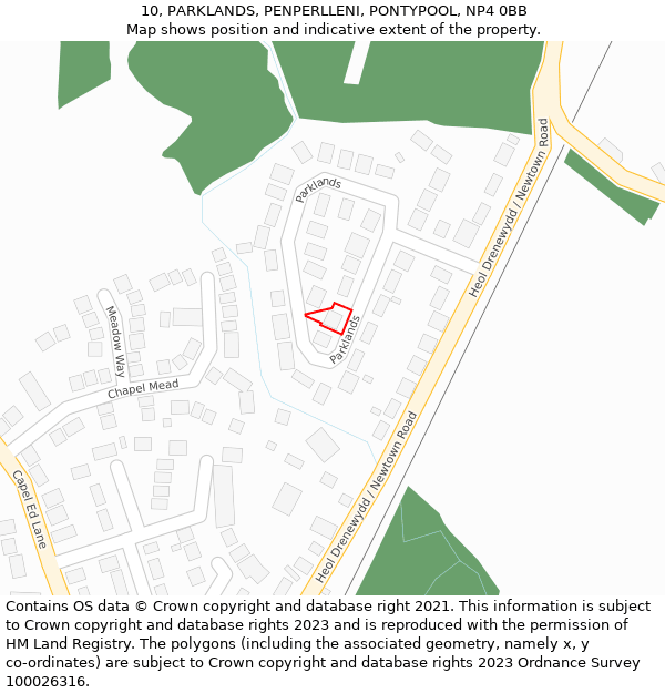 10, PARKLANDS, PENPERLLENI, PONTYPOOL, NP4 0BB: Location map and indicative extent of plot