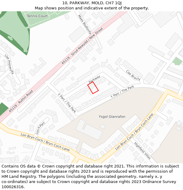 10, PARKWAY, MOLD, CH7 1QJ: Location map and indicative extent of plot