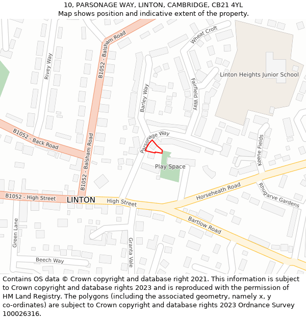 10, PARSONAGE WAY, LINTON, CAMBRIDGE, CB21 4YL: Location map and indicative extent of plot