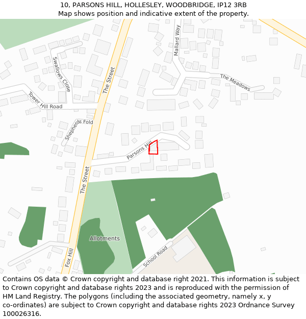 10, PARSONS HILL, HOLLESLEY, WOODBRIDGE, IP12 3RB: Location map and indicative extent of plot