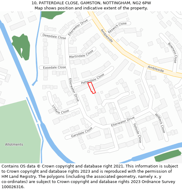 10, PATTERDALE CLOSE, GAMSTON, NOTTINGHAM, NG2 6PW: Location map and indicative extent of plot