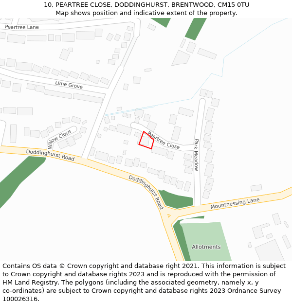 10, PEARTREE CLOSE, DODDINGHURST, BRENTWOOD, CM15 0TU: Location map and indicative extent of plot