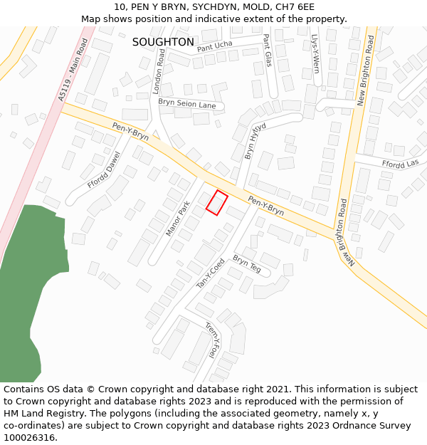 10, PEN Y BRYN, SYCHDYN, MOLD, CH7 6EE: Location map and indicative extent of plot