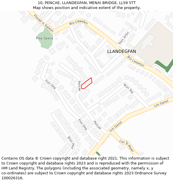 10, PENCAE, LLANDEGFAN, MENAI BRIDGE, LL59 5TT: Location map and indicative extent of plot