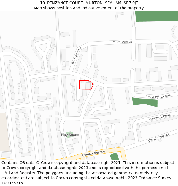 10, PENZANCE COURT, MURTON, SEAHAM, SR7 9JT: Location map and indicative extent of plot