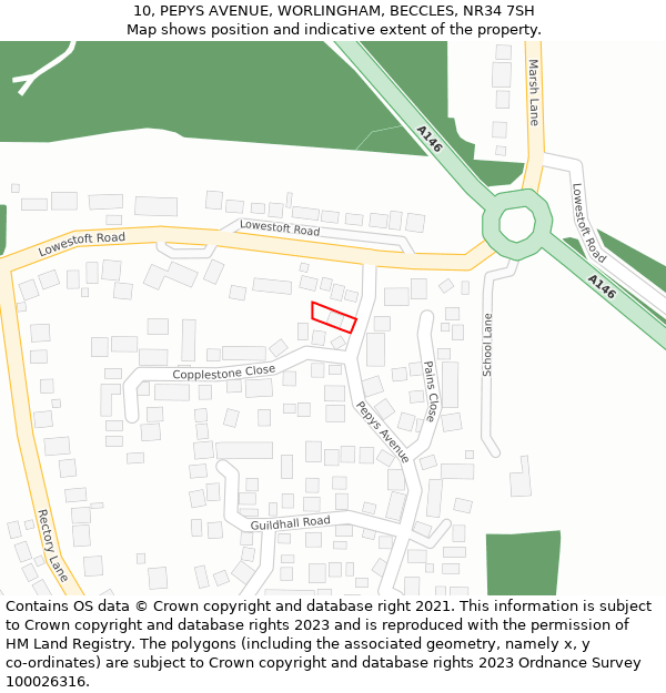 10, PEPYS AVENUE, WORLINGHAM, BECCLES, NR34 7SH: Location map and indicative extent of plot