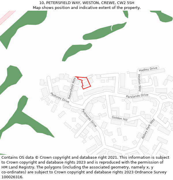 10, PETERSFIELD WAY, WESTON, CREWE, CW2 5SH: Location map and indicative extent of plot