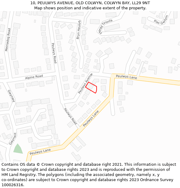 10, PEULWYS AVENUE, OLD COLWYN, COLWYN BAY, LL29 9NT: Location map and indicative extent of plot