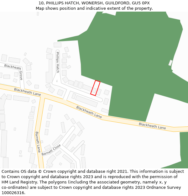 10, PHILLIPS HATCH, WONERSH, GUILDFORD, GU5 0PX: Location map and indicative extent of plot