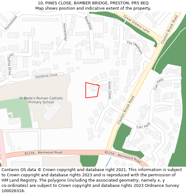 10, PINES CLOSE, BAMBER BRIDGE, PRESTON, PR5 8EQ: Location map and indicative extent of plot