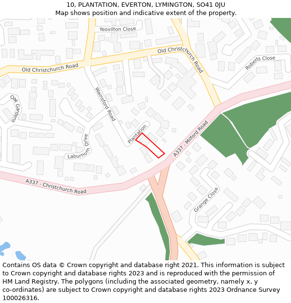 10, PLANTATION, EVERTON, LYMINGTON, SO41 0JU: Location map and indicative extent of plot