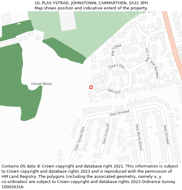 10, PLAS YSTRAD, JOHNSTOWN, CARMARTHEN, SA31 3PH: Location map and indicative extent of plot
