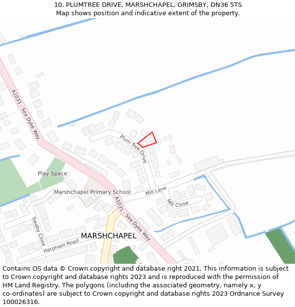 10, PLUMTREE DRIVE, MARSHCHAPEL, GRIMSBY, DN36 5TS: Location map and indicative extent of plot