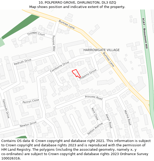 10, POLPERRO GROVE, DARLINGTON, DL3 0ZQ: Location map and indicative extent of plot