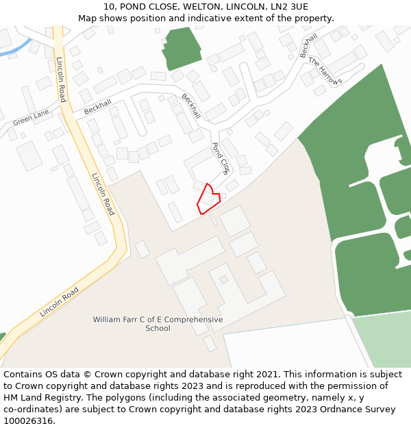 10, POND CLOSE, WELTON, LINCOLN, LN2 3UE: Location map and indicative extent of plot