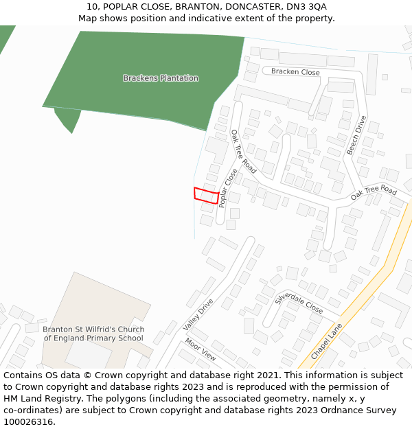 10, POPLAR CLOSE, BRANTON, DONCASTER, DN3 3QA: Location map and indicative extent of plot