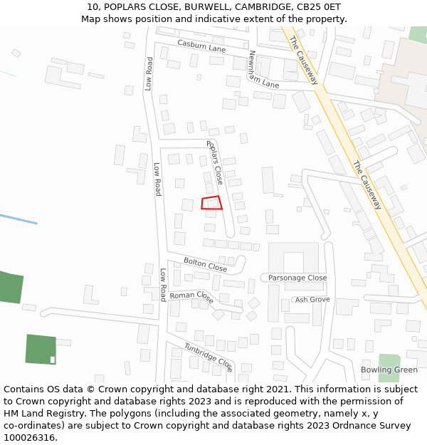 10, POPLARS CLOSE, BURWELL, CAMBRIDGE, CB25 0ET: Location map and indicative extent of plot