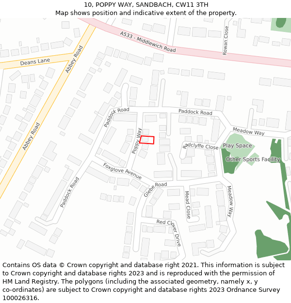 10, POPPY WAY, SANDBACH, CW11 3TH: Location map and indicative extent of plot