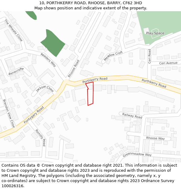 10, PORTHKERRY ROAD, RHOOSE, BARRY, CF62 3HD: Location map and indicative extent of plot