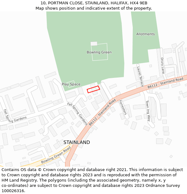 10, PORTMAN CLOSE, STAINLAND, HALIFAX, HX4 9EB: Location map and indicative extent of plot