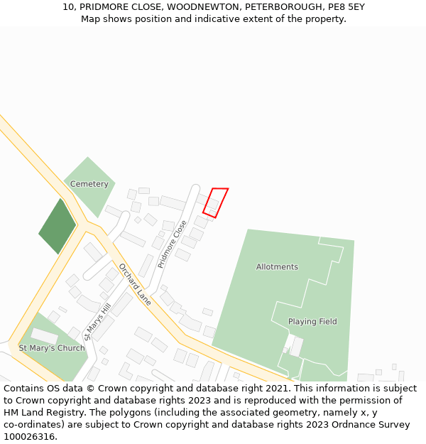 10, PRIDMORE CLOSE, WOODNEWTON, PETERBOROUGH, PE8 5EY: Location map and indicative extent of plot