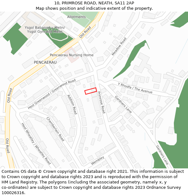 10, PRIMROSE ROAD, NEATH, SA11 2AP: Location map and indicative extent of plot