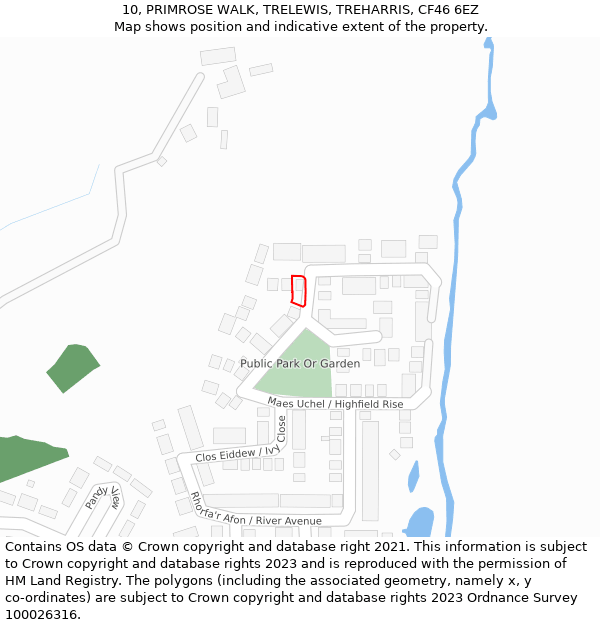10, PRIMROSE WALK, TRELEWIS, TREHARRIS, CF46 6EZ: Location map and indicative extent of plot