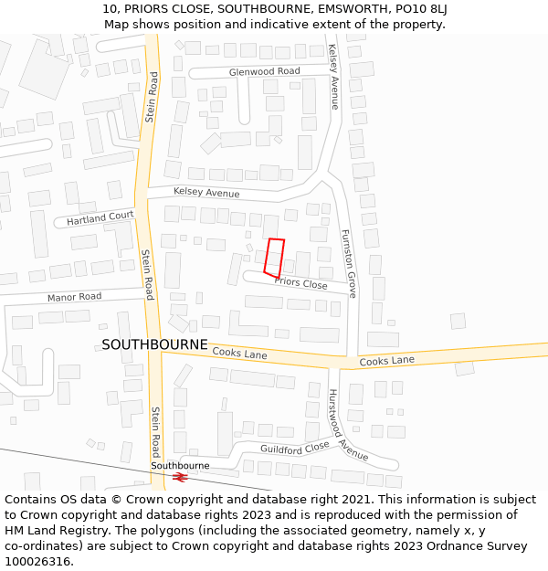 10, PRIORS CLOSE, SOUTHBOURNE, EMSWORTH, PO10 8LJ: Location map and indicative extent of plot