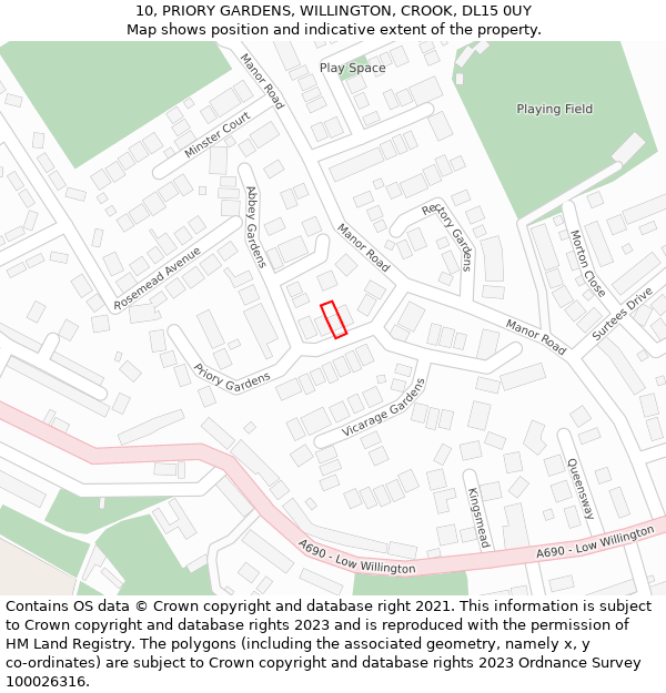 10, PRIORY GARDENS, WILLINGTON, CROOK, DL15 0UY: Location map and indicative extent of plot
