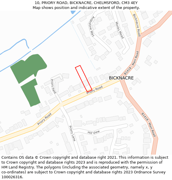 10, PRIORY ROAD, BICKNACRE, CHELMSFORD, CM3 4EY: Location map and indicative extent of plot
