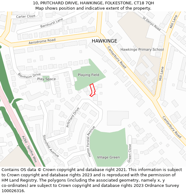 10, PRITCHARD DRIVE, HAWKINGE, FOLKESTONE, CT18 7QH: Location map and indicative extent of plot