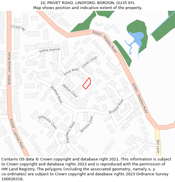 10, PRIVET ROAD, LINDFORD, BORDON, GU35 0YL: Location map and indicative extent of plot