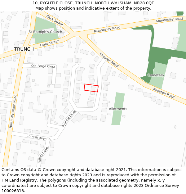 10, PYGHTLE CLOSE, TRUNCH, NORTH WALSHAM, NR28 0QF: Location map and indicative extent of plot