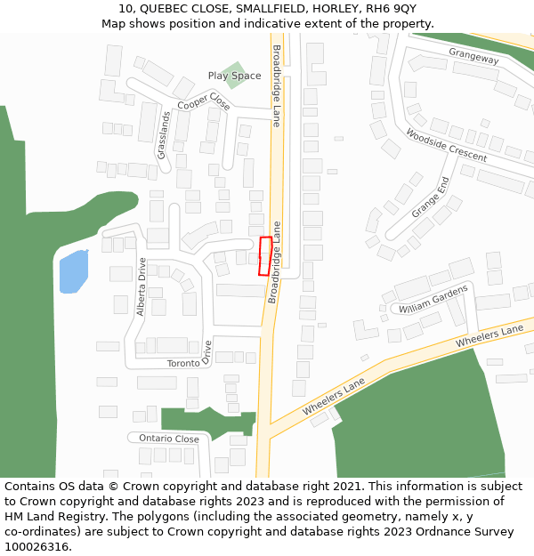 10, QUEBEC CLOSE, SMALLFIELD, HORLEY, RH6 9QY: Location map and indicative extent of plot