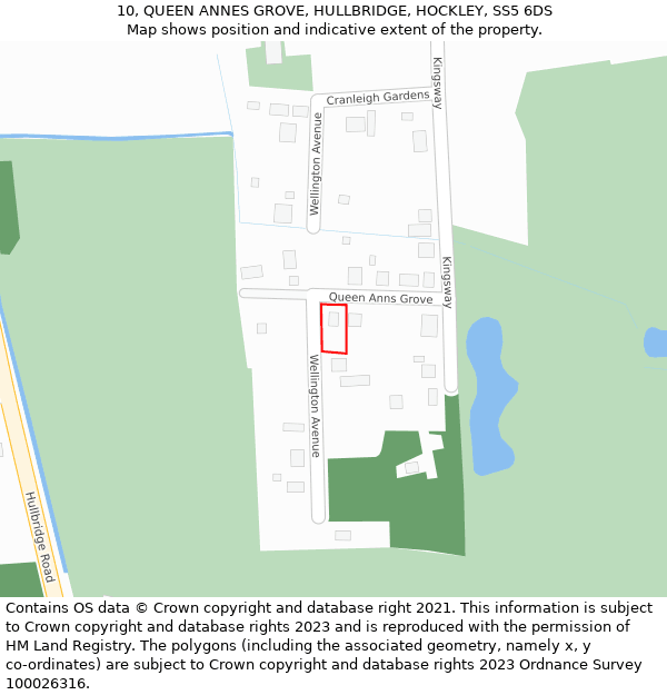 10, QUEEN ANNES GROVE, HULLBRIDGE, HOCKLEY, SS5 6DS: Location map and indicative extent of plot