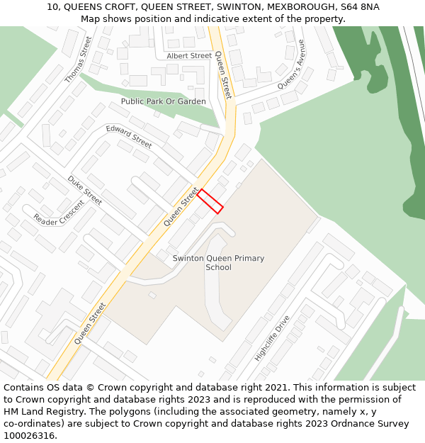 10, QUEENS CROFT, QUEEN STREET, SWINTON, MEXBOROUGH, S64 8NA: Location map and indicative extent of plot
