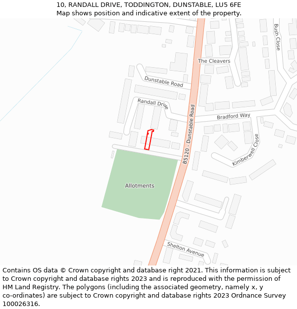 10, RANDALL DRIVE, TODDINGTON, DUNSTABLE, LU5 6FE: Location map and indicative extent of plot