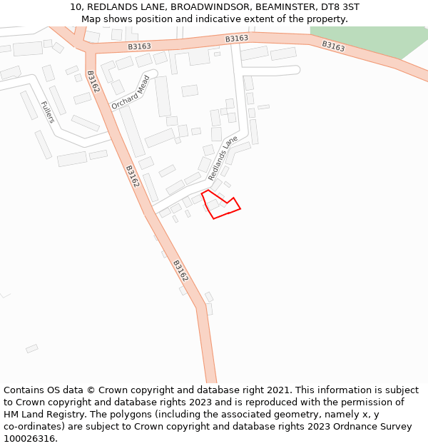 10, REDLANDS LANE, BROADWINDSOR, BEAMINSTER, DT8 3ST: Location map and indicative extent of plot