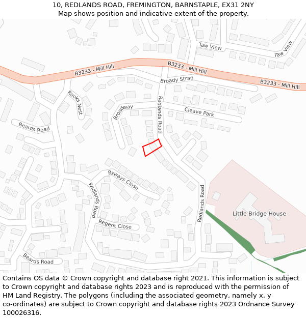 10, REDLANDS ROAD, FREMINGTON, BARNSTAPLE, EX31 2NY: Location map and indicative extent of plot