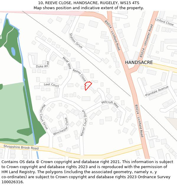 10, REEVE CLOSE, HANDSACRE, RUGELEY, WS15 4TS: Location map and indicative extent of plot