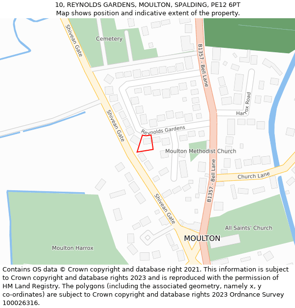 10, REYNOLDS GARDENS, MOULTON, SPALDING, PE12 6PT: Location map and indicative extent of plot