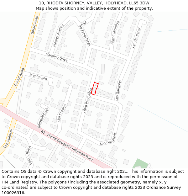 10, RHODFA SHORNEY, VALLEY, HOLYHEAD, LL65 3DW: Location map and indicative extent of plot