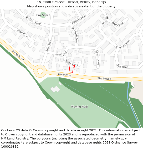 10, RIBBLE CLOSE, HILTON, DERBY, DE65 5JX: Location map and indicative extent of plot