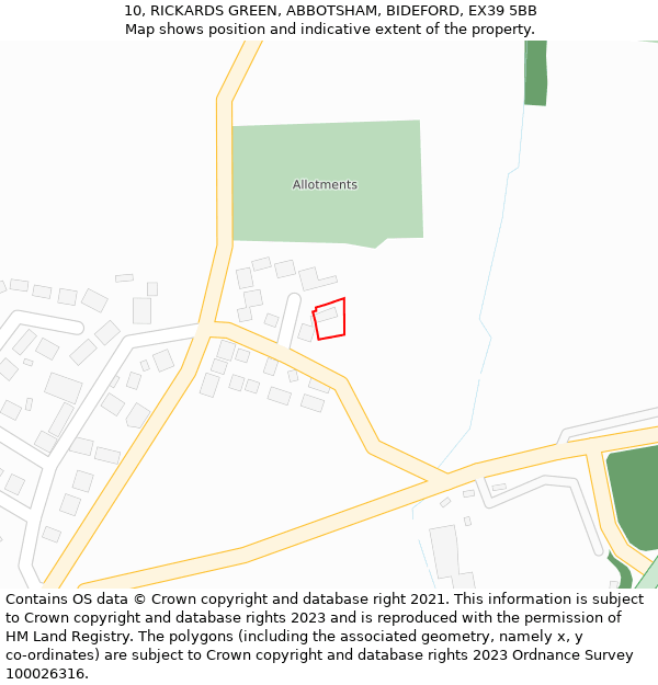 10, RICKARDS GREEN, ABBOTSHAM, BIDEFORD, EX39 5BB: Location map and indicative extent of plot