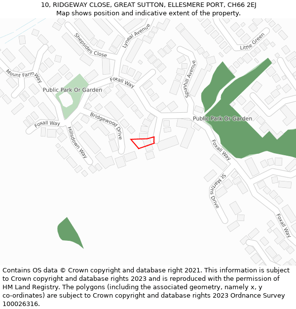 10, RIDGEWAY CLOSE, GREAT SUTTON, ELLESMERE PORT, CH66 2EJ: Location map and indicative extent of plot